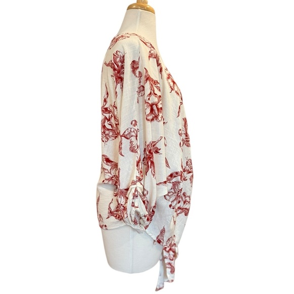 Zara Wrap Kimono Top Linen Blend Red White Toile Floral Print Puff Sleeve Large - Picture 3 of 12